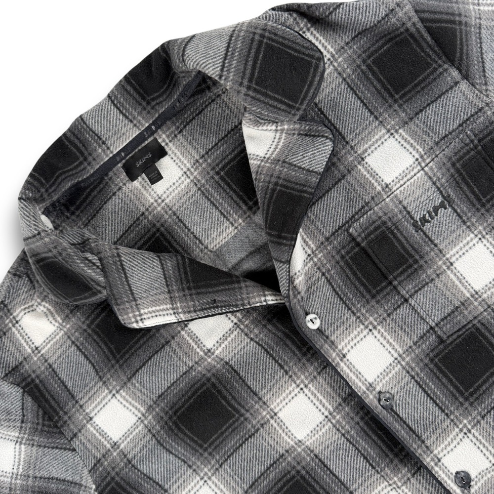 SKIMS Fleece Sleep Top Mens M Black Plaid Button Down Long Sleeve Pajama Lapel